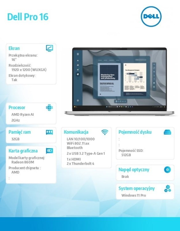 Dell Laptop Dell Pro 16 PC16255/AMD Ryzen AI 7 PRO 350/32GB/512GB SSD/16.0 FHD+ Touch/Radeon 860M/FgrPr/FHD/IR Cam/Mic/WLAN+BT/Backlit Kb/3Cell/W11P