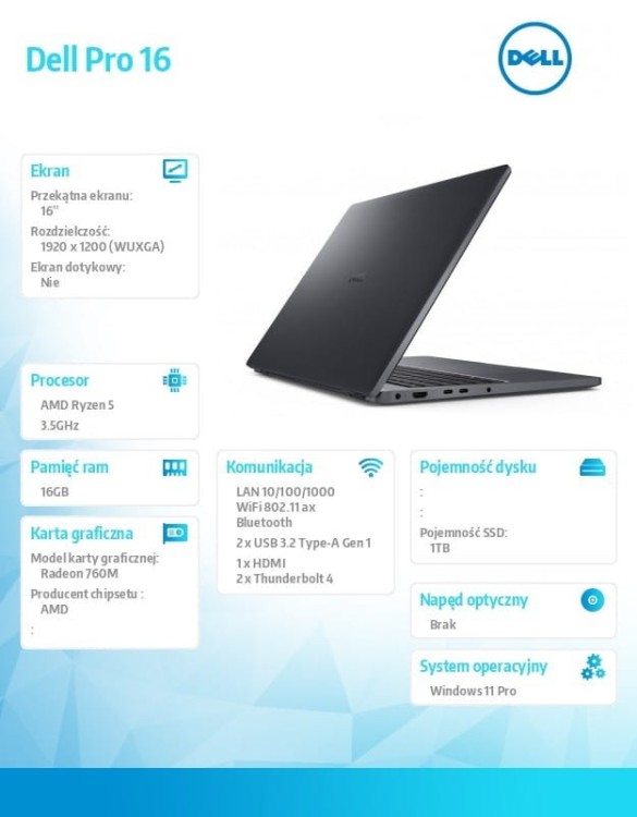 Dell Laptop Dell Pro 16 PC16255/AMD Ryzen 5 PRO 230/16GB/1TB SSD/16.0 FHD+/Radeon 760M/FgrPr/FHD/IR Cam/Mic/WLAN+BT/Backlit Kb/3Cell/W11P