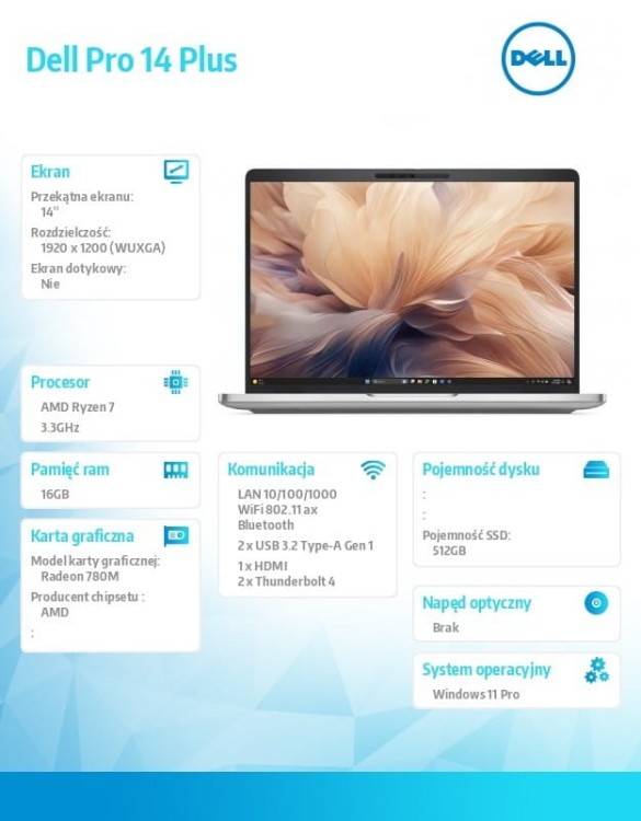 Dell Laptop Dell Pro 14 Plus PB14255/AMD Ryzen 7 PRO 250/16GB/512GB SSD Gen4/14.0 FHD+/Radeon 780M/FgrPr&SmtCd/FHD/IR Cam/Mic/WLAN+BT/Backlit Kb/3Cell