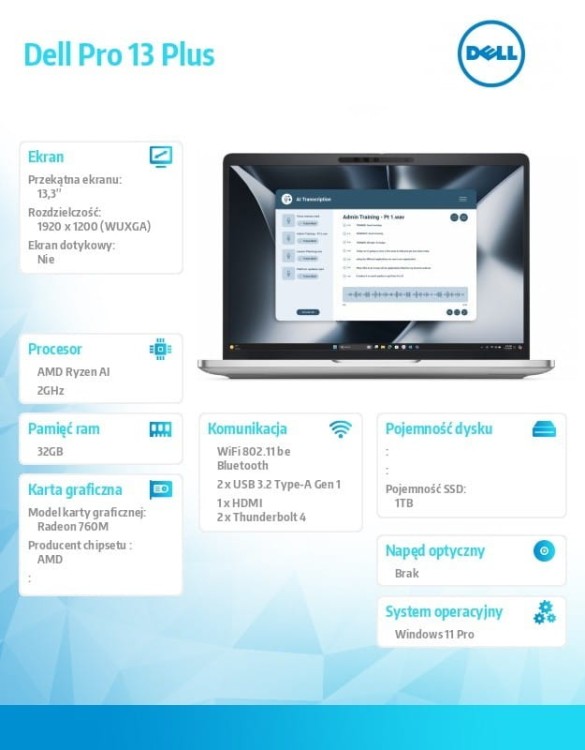 Dell Laptop Dell Pro 13 Plus PB13255/Ryzen AI 5 PRO 340/32GB/1TB SSD Gen4/13.3 FHD+/Radeon 760M/FgrPr&SmtCd/FHD/IR Cam/Mic/WLAN+BT/Backlit Kb/3 Cell/W