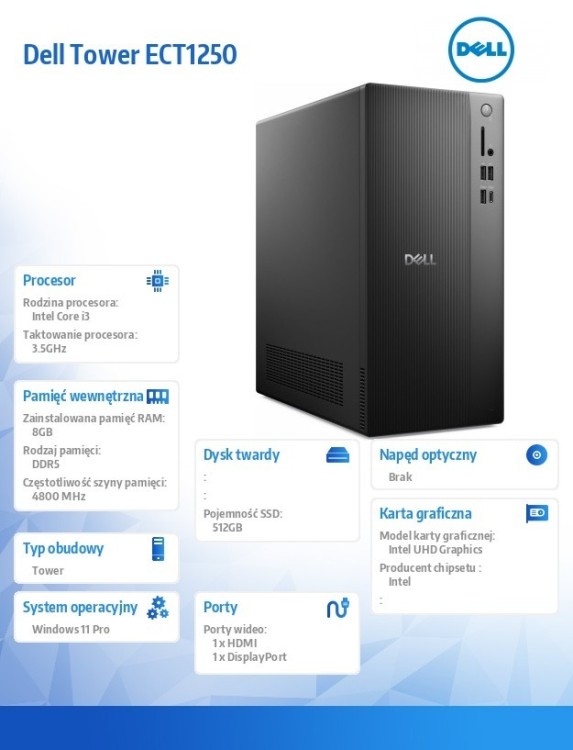 Dell Komputer Dell Tower ECT1250 Win11Pro i3-14100/8GB/512GB SSD/UHD 730/WLAN + BT/Wireless Kb & Mouse/3YPS