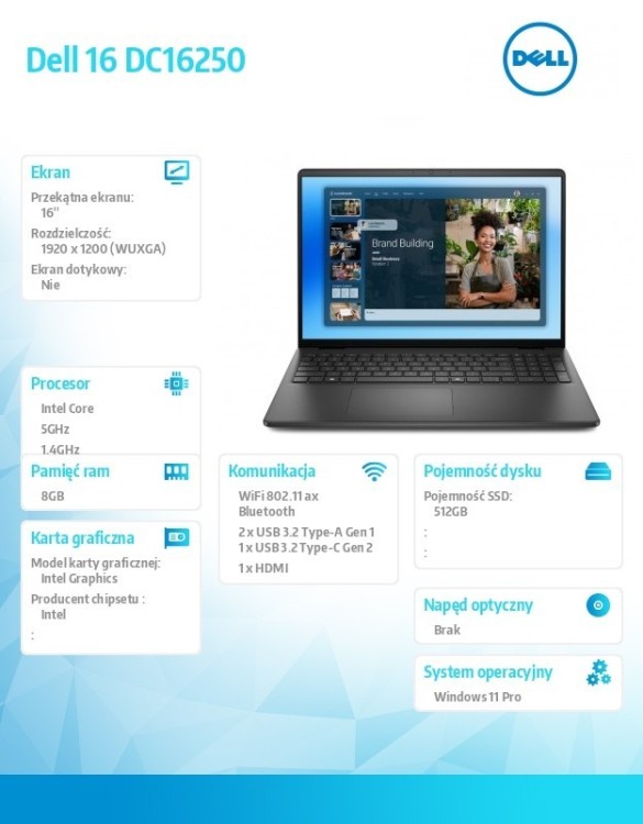 Dell Laptop Dell 16 DC16250 W11P C5 120U/8GB/512GB/16.0 FHD+/Int/FgrPr/WLAN + BT/Backlit Kb/3 Cell/3YPS Carbon Black