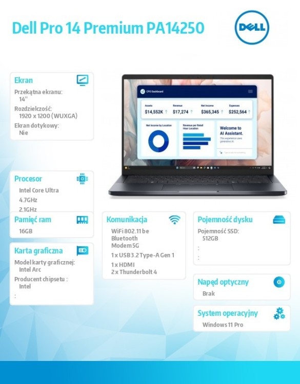 Dell Laptop Dell Pro 14 Premium PA14250 W11P U5-236V/16GB/512GB/14.0 FHD+ 400nit/Arc/FgrPr/Cams&Mic/5G WWAN+BT/BcklKb/3C/vPro/3YPS Magnesium