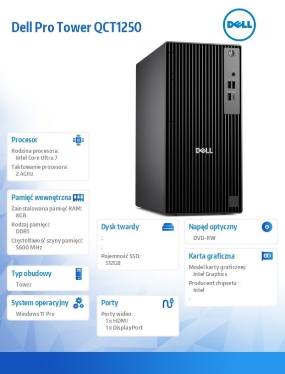 Dell Desktop Pro Tower QCT1250 Win11Pro U7 265/8GB/512GB SSD/INT/DVD RW/TPM/3Y ProSupport
