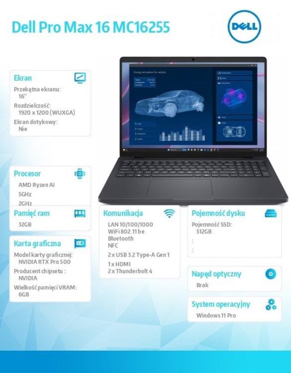 Dell Laptop Dell Pro Max 16 MC16255 Win11Pro AMD Ryzen 350|32GB|512GB|RTX PRO 500Blackwell 6GB|FgrPr&SmtCd|FHD Cam&Mic|WLAN+BT|16.0" FHD+|6 Cell|130W/