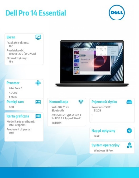 Dell Laptop Dell Pro 14 Essential PV14250 W11P C3-100U|8GB|512GB|Intel Graph|FgrPr|WLAN+BT|14.0 FHD+|BcklKb|3C|65W|3YPS Carbon Black (Plastic)