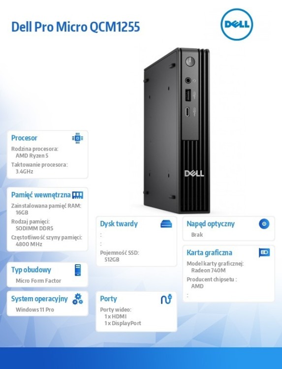 Dell Komputer Dell Pro Micro QCM1255 W11Pro Ryzen 5 Pro 8500GE/1x16GB/512GB/Integrated/WLAN + BT/Kb/65W/TPM/3YPS