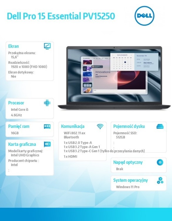 Dell Laptop Dell Pro 15 Essential PV15250|i5-1334U|16GB|512GB SSD|InteUHD|None|W11 Pro|WLAN + BT|15.6 FHD|Backlit Kb|3 Cell|65W/3YPS