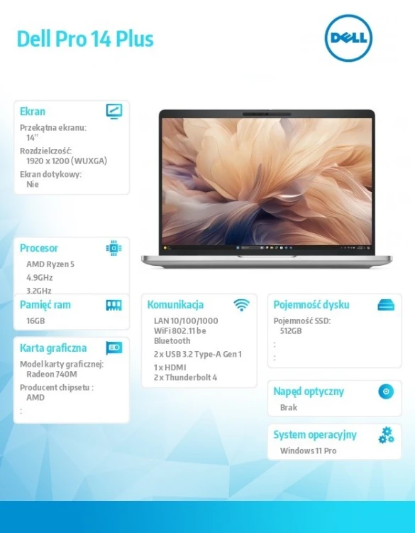 Dell Laptop Dell Pro 14 Plus PB14255 W11P AMD Ryzen 5 220/16GB/512GB/14.0 FHD+ 400nit/740M/FgrPr&SmtCd/FHD IRCam&Mic/WLAN+BT/BcklKb/3C/3YPS