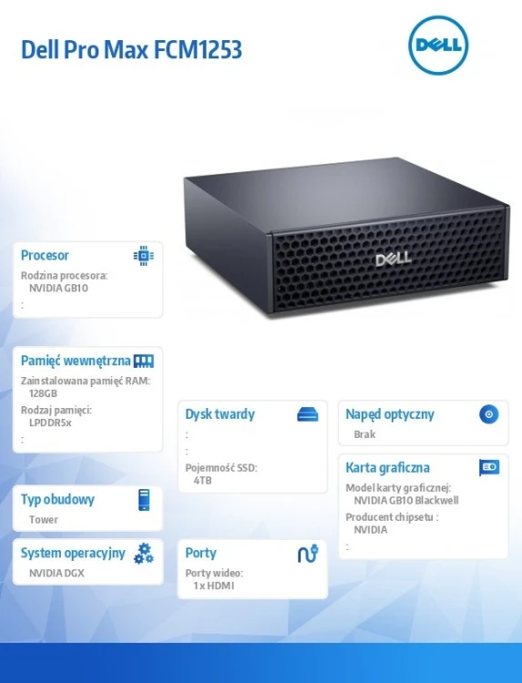 Dell Komputer Dell Pro Max FCM1253 GB10 NVIDIA DGX OS /NVIDIA GB10 Grace/128GB/ 4TB/  2Y ProSupport+ 2Y KYHD