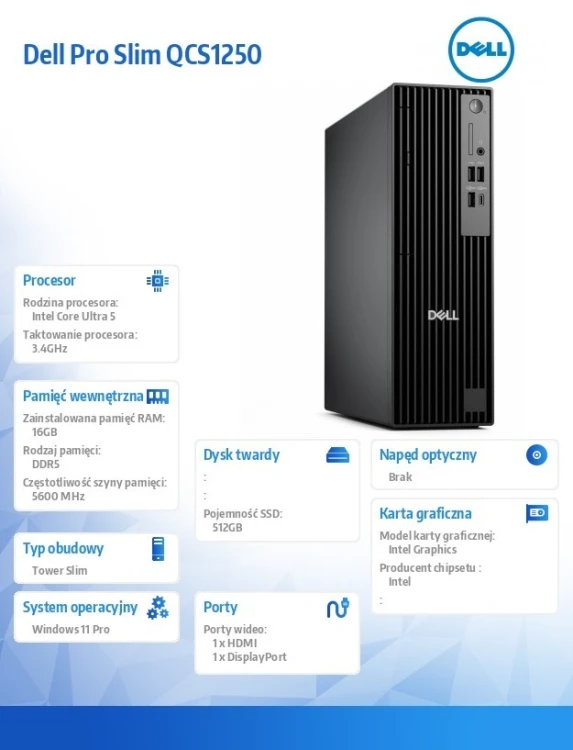 Dell Komputer Pro Slim QCS1250 W11Pro U5 235/16GB/512GB SSD/INT/WLAN+BT/Kb/TPM/3YPS