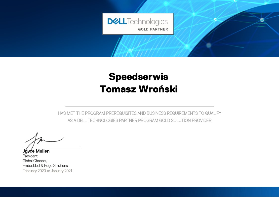 Certyfikat Dell Technologies Gold Partner